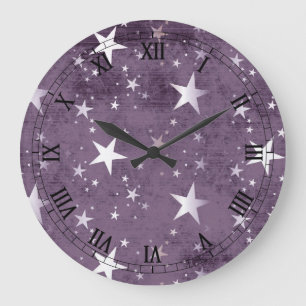 Relógio Grande fundo roxo do vintage com estrelas de prata