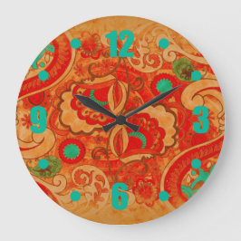 Relógio Grande Funky Burnt Orange Teal Vintage Paisley