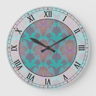 Relógio Grande funky turquoise e magenta damask - numeração roman
