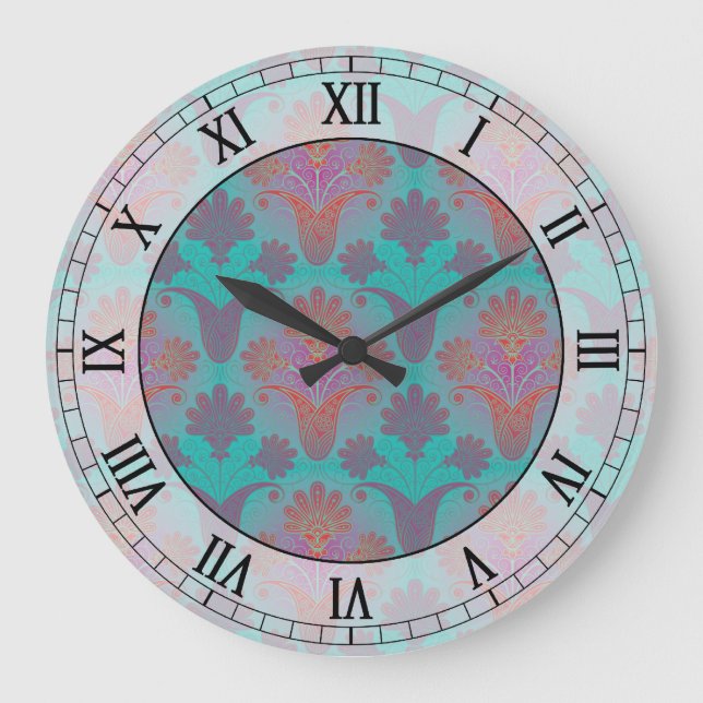 Relógio Grande funky turquoise e magenta damask - numeração roman (Frente)