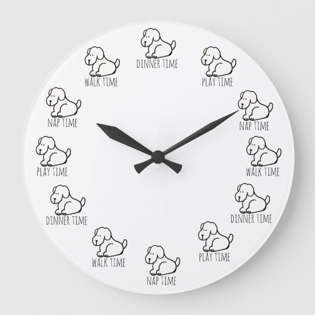 Relógio Grande Funny Cartoon Dog Dinner Play Walk Nap Time Clock (Frente)