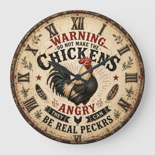Relógio Grande Funny Chicken Farmhouse Rooster (Frente)