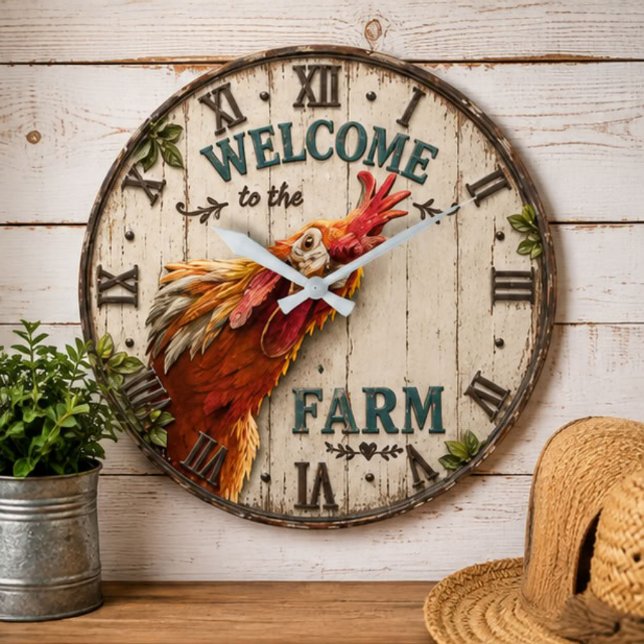 Relógio Grande Funny Chicken Welcome to the Farm Rustic (Criador carregado)