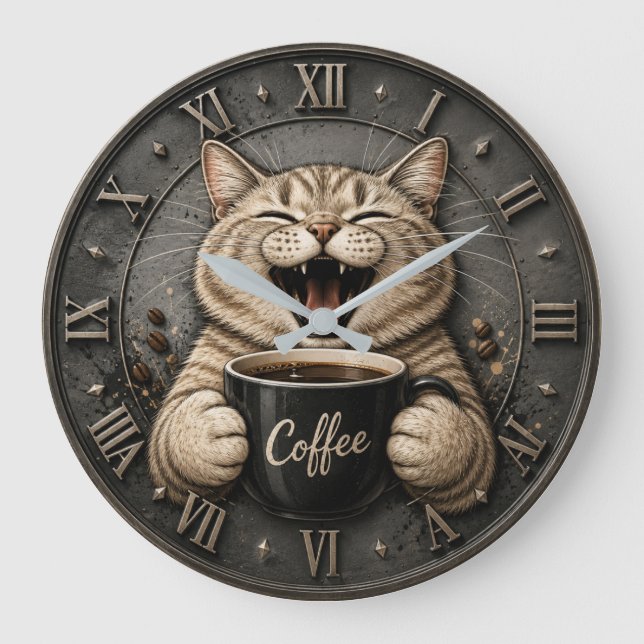 Relógio Grande Funny Cute Cat Coffee Lover Decor (Frente)
