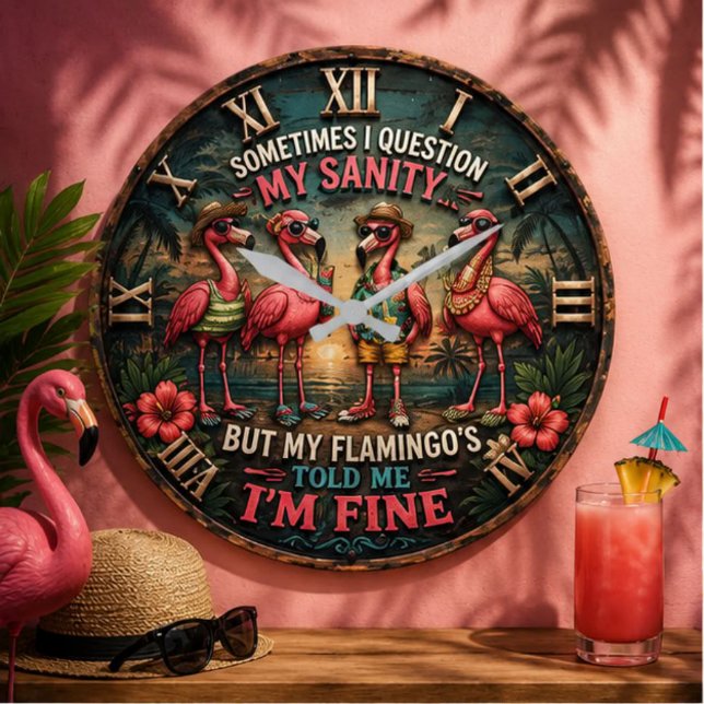 Relógio Grande Funny Flamingo Tropical Humorous Beach House (Criador carregado)