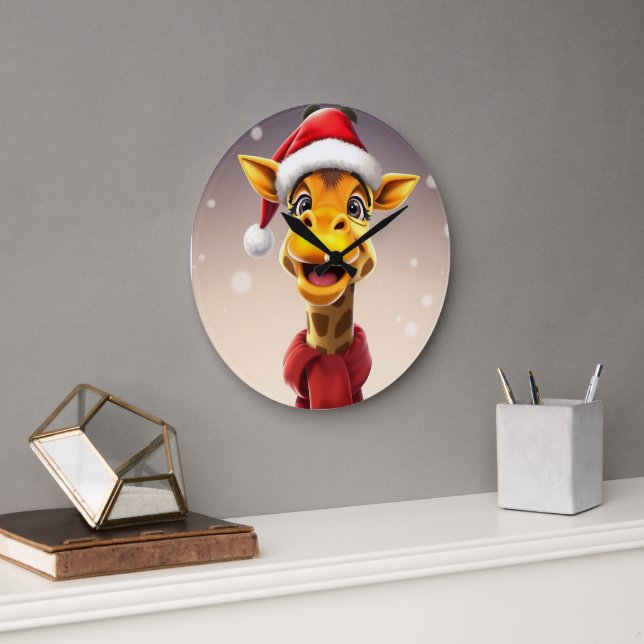 Relógio Grande Funny giraffe wearing a Santa hat (Escritório)