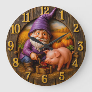 Relógio Grande Funny Gnome and Pig in Autumn Harvest Scene clock
