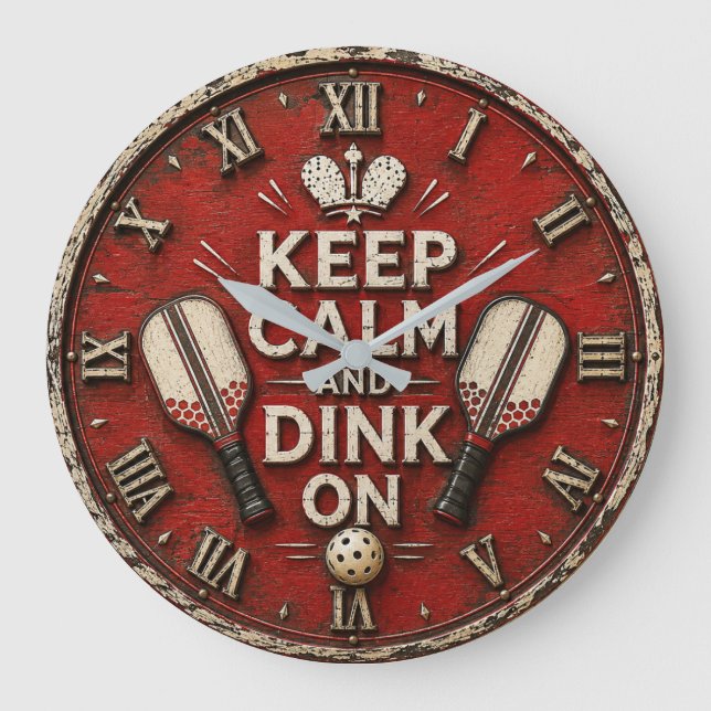 Relógio Grande Funny Keep Calm and Dink On | Rustic Pickleball  (Frente)