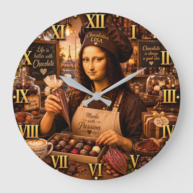 Relógio Grande Funny Mona Lisa Chocolatier Gourmet Candy Maker  (Frente)