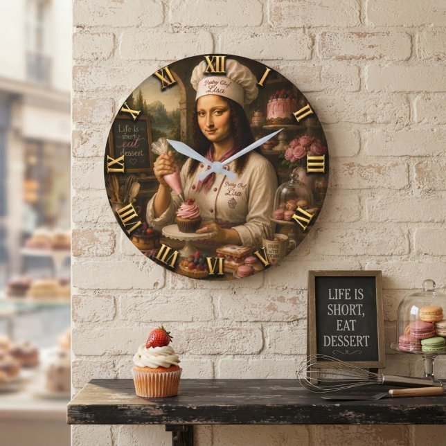 Relógio Grande Funny Mona Lisa Pastry Chef Bakery Kitchen Decor (Criador carregado)