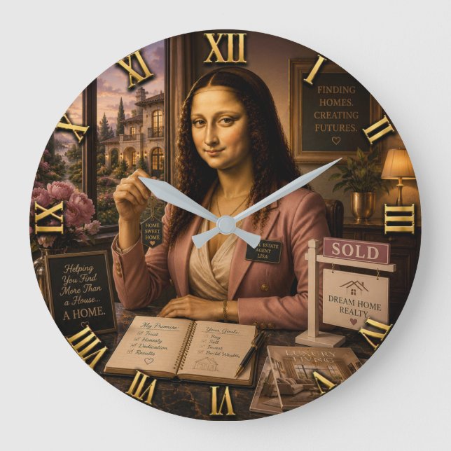 Relógio Grande Funny Mona Lisa Real Estate Agent  (Frente)