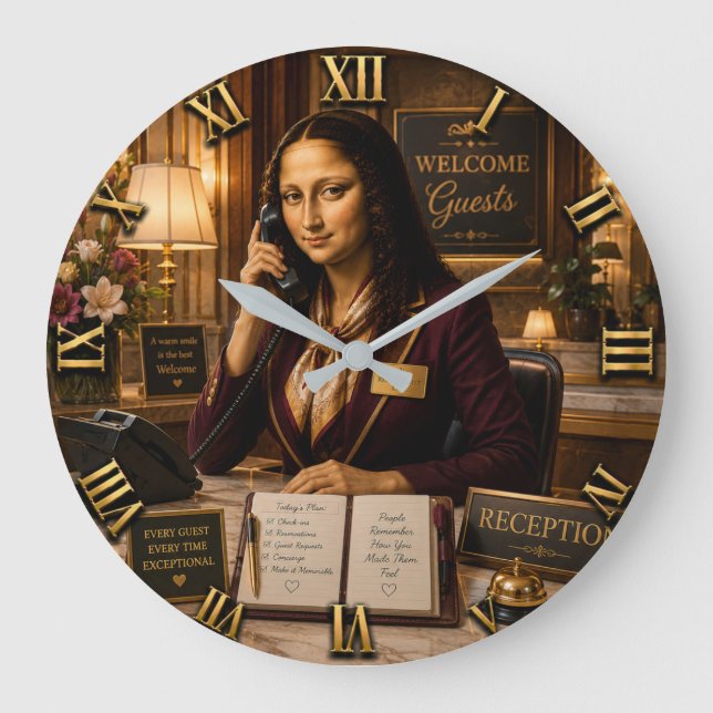 Relógio Grande Funny Mona Lisa Receptionist Desk Office Decor (Frente)