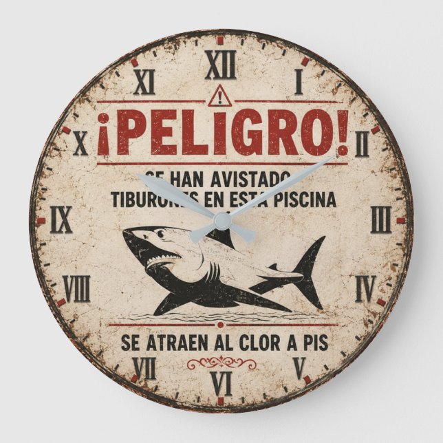 Relógio Grande Funny Shark Warning Spanish (Frente)