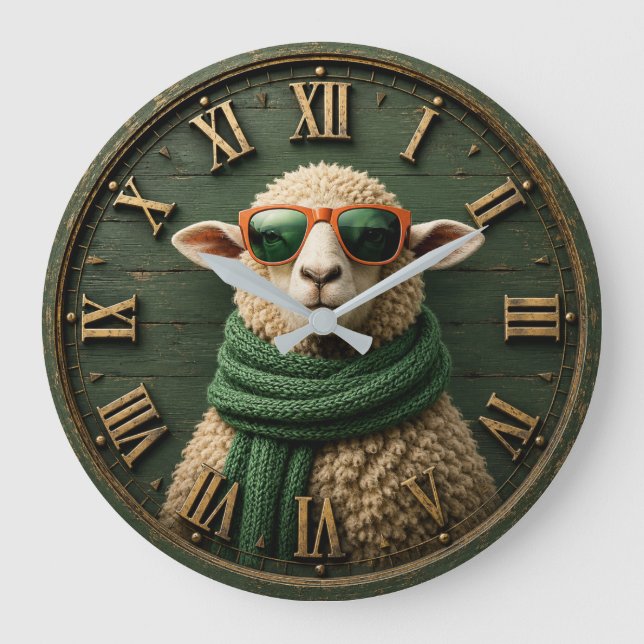 Relógio Grande Funny Sheep with Sunglasses Farmhouse Rustic Count (Frente)