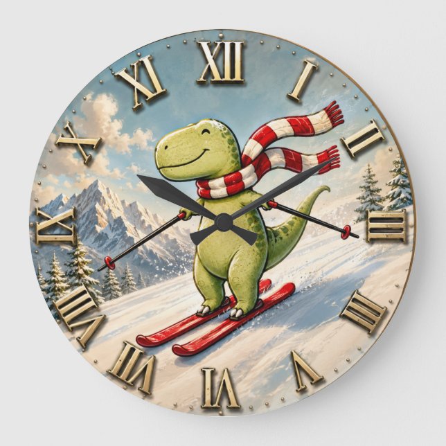 Relógio Grande Funny Skiing Dinosaur Cute Winter T-Rex Ski  (Frente)