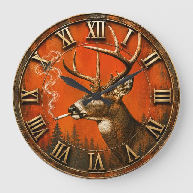 Relógio Grande Funny Smoking Deer Rustic Hunting Cabin  (Frente)