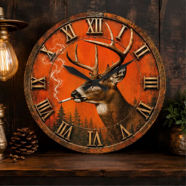 Relógio Grande Funny Smoking Deer Rustic Hunting Cabin  (Criador carregado)