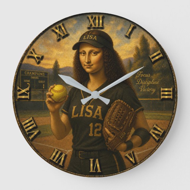 Relógio Grande  Funny Softball Mona Lisa Pitcher Gift  (Frente)