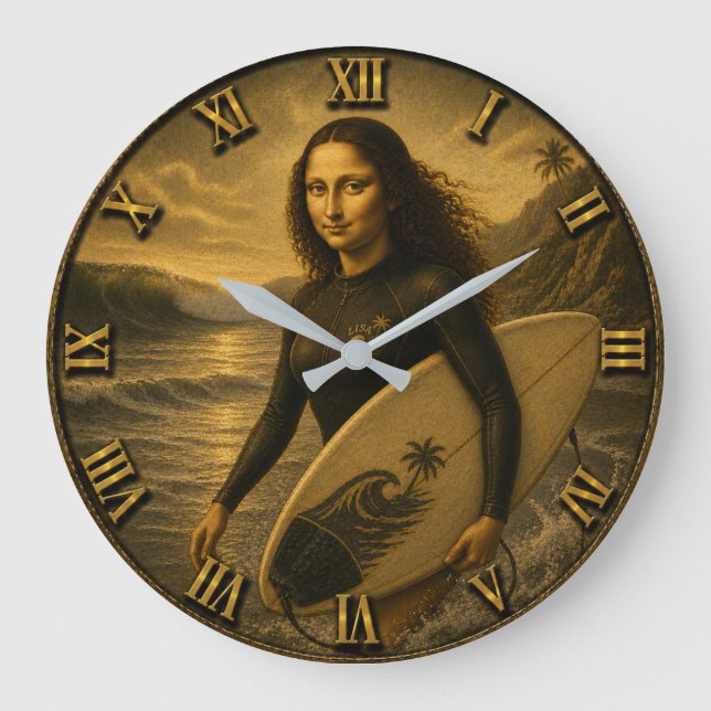 Relógio Grande Funny Surfer Mona Lisa Tropical Ocean Decor (Frente)