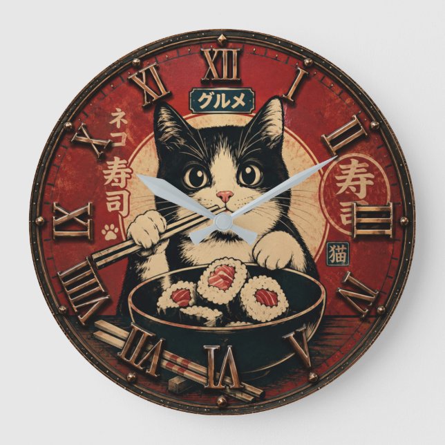 Relógio Grande Funny Sushi Cat Japanese Ramen Kitchen (Frente)