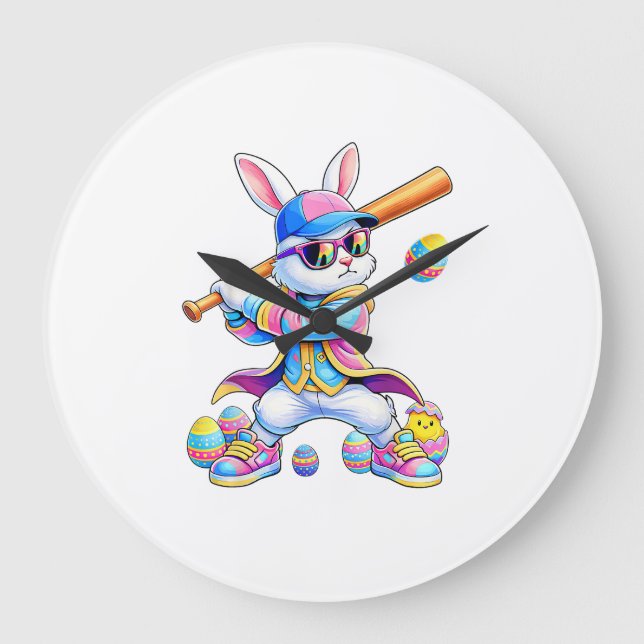 Relógio Grande Funny Tie Dye Rabbit Baseball Easter Bunny Men Boy (Frente)