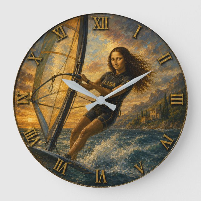 Relógio Grande Funny Windsurfing Mona Lisa Sailing Ocean Gift (Frente)