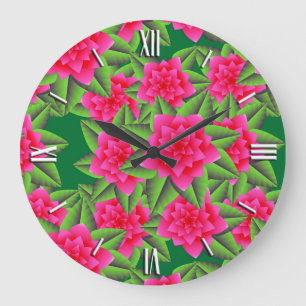 Relógio Grande Fuschia Pink Camellias e Folhas Verdes