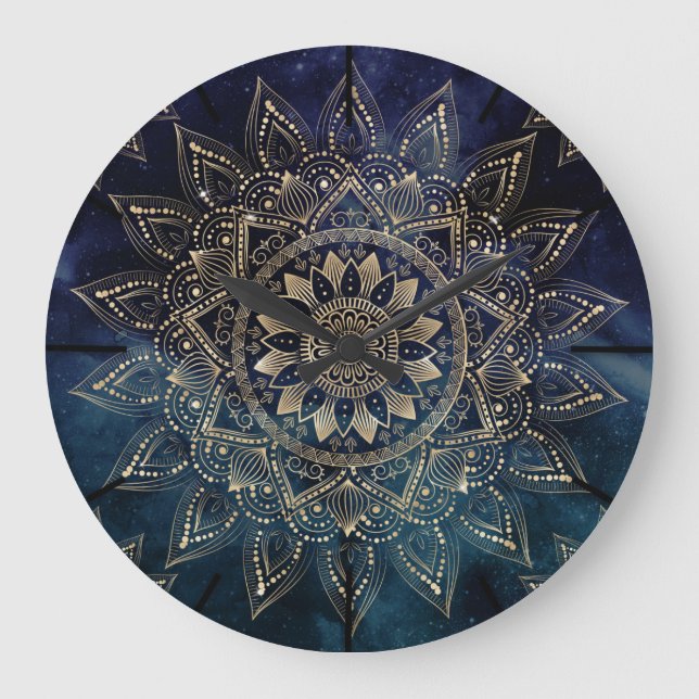 Relógio Grande Galáxia Azul Elegante Dourada Mandala (Frente)