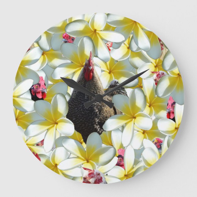 Relógio Grande Galinhas E Flores De Frangipanos, (Frente)