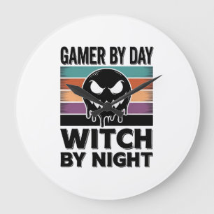 Relógio Grande Gamer de Dia Bruxa de Noite Design Retro de Hallow