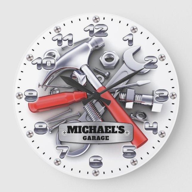 Relógio Grande Garage Tools Man Cave Personalizable Wall Clock (Frente)