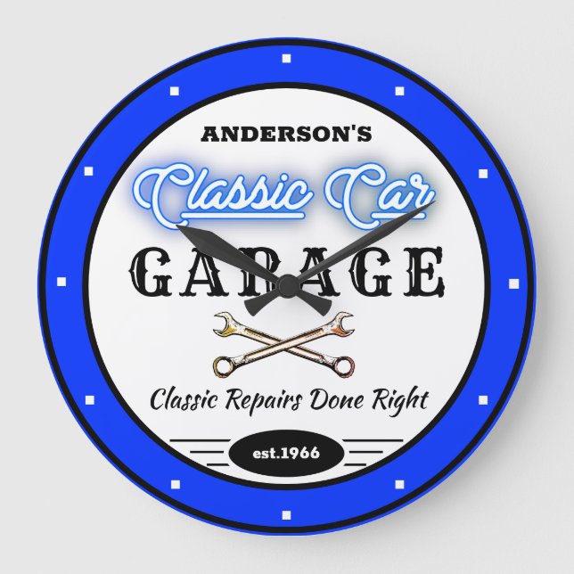 Relógio Grande Garagem Clássica Neon Azul Faux Qualquer Nome (Frente)