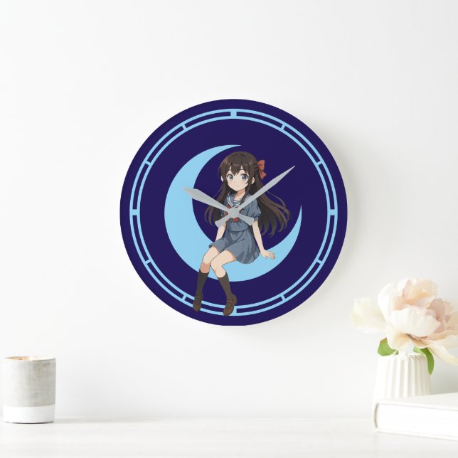 Relógio Grande Garota de Anime Sentada em uma Lua Crescente (Lar)