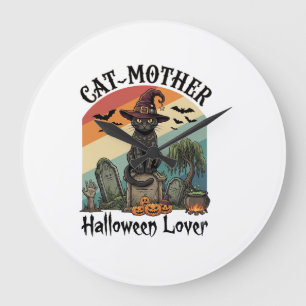 Relógio Grande Gata Mãe Amante do Halloween Chapéu de Bruxa Preta