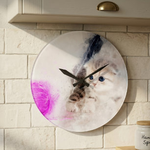 Relógio Grande Gatinho brincando com uma bola de fio rosa aquarel