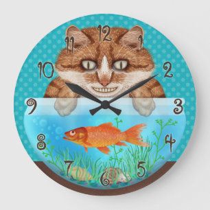 Relógio Grande Gatinho de Gato e Peixe-Dourado Engraçado
