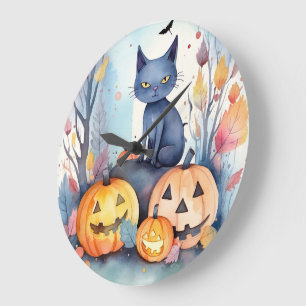 Relógio Grande Gato Azul Oriental de Halloween com Abóboras Assus