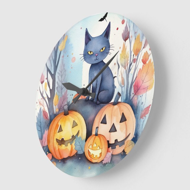 Relógio Grande Gato Azul Oriental Halloween Com Pumpkins Assustad (Ângulo)