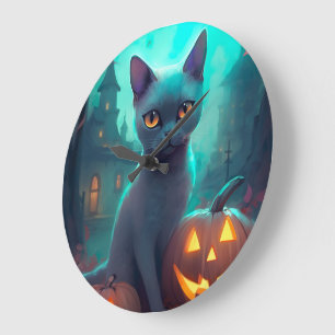Relógio Grande Gato Azul Russo de Halloween com Abóboras Assustad