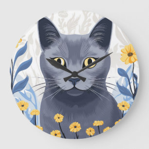 Relógio Grande Gato Azul Russo Flores Amarelas
