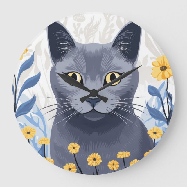 Relógio Grande Gato Azul Russo Flores Amarelas (Frente)