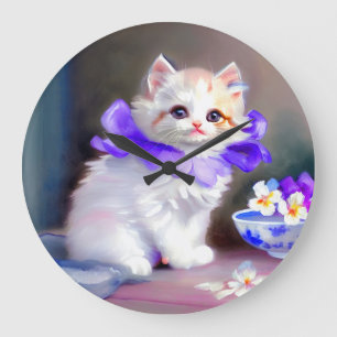 Relógio Grande Gato branco com pintura de colarinho de flores rox