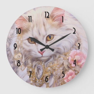 Relógio Grande Gato Branco Elegante em Ouro e Diamantes