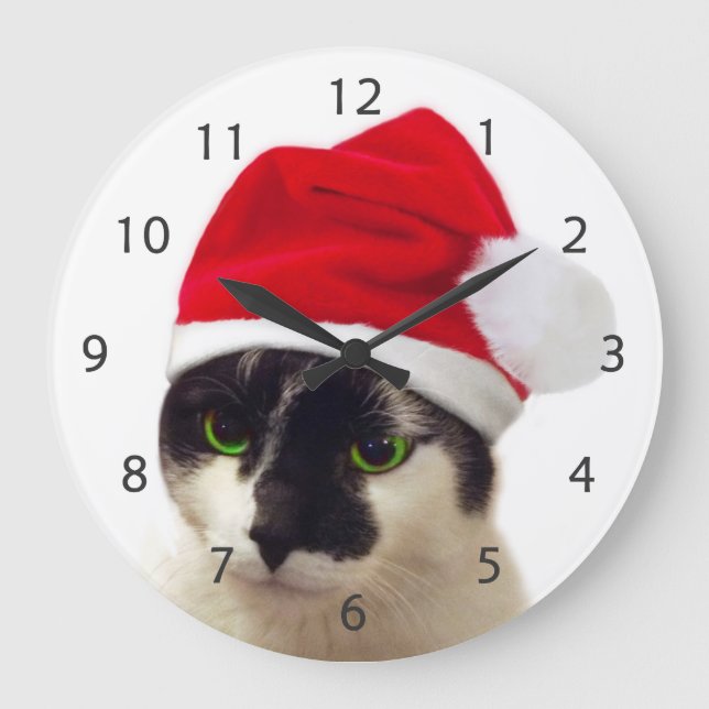 Relógio Grande Gato com chapéu do papai noel (Frente)