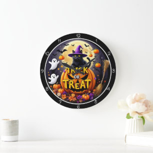 Relógio Grande Gato de Halloween 'Trick or Treat'