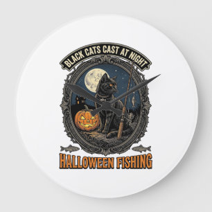 Relógio Grande Gato de Pesca de Halloween Design de Abóbora Vinta