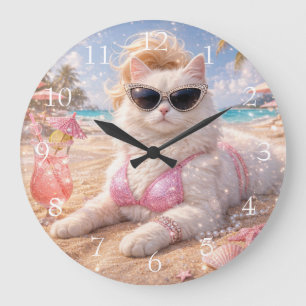 Relógio Grande Gato de Praia Glamouroso com Óculos de Sol