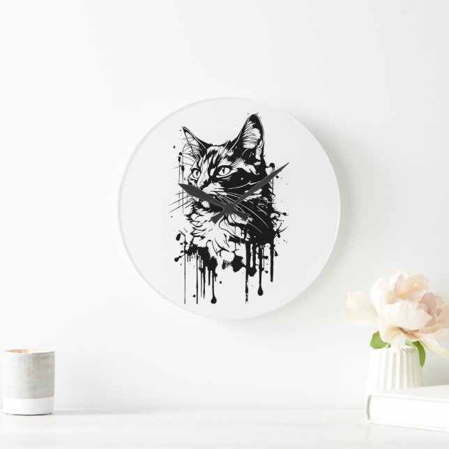 Relógio Grande Gato de respingo preto e branco (Lar)