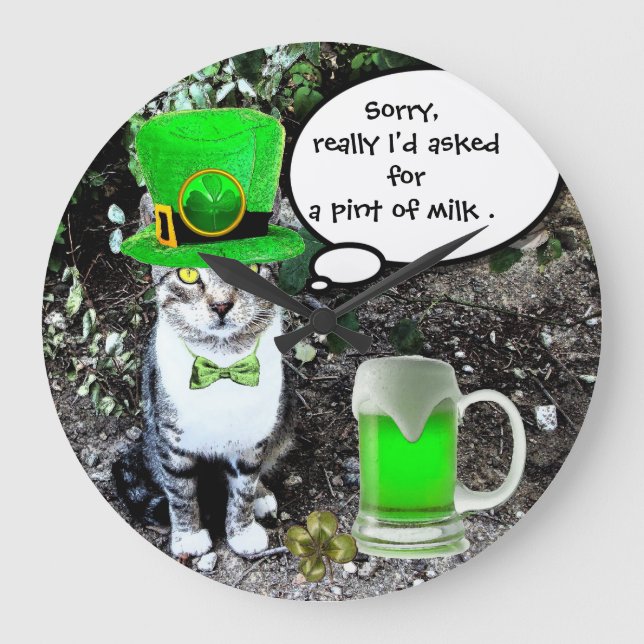 RELÓGIO GRANDE GATO DIA DE SÃO PATRÍCIO COM CERVEJA VERDE IRLANDE (Frente)