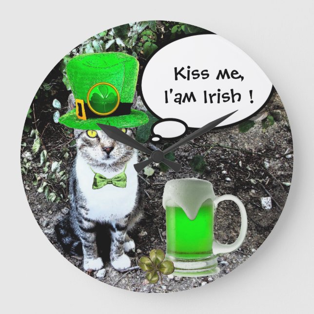 RELÓGIO GRANDE GATO DIA DE SÃO PATRÍCIO COM CERVEJA VERDE IRLANDE (Frente)